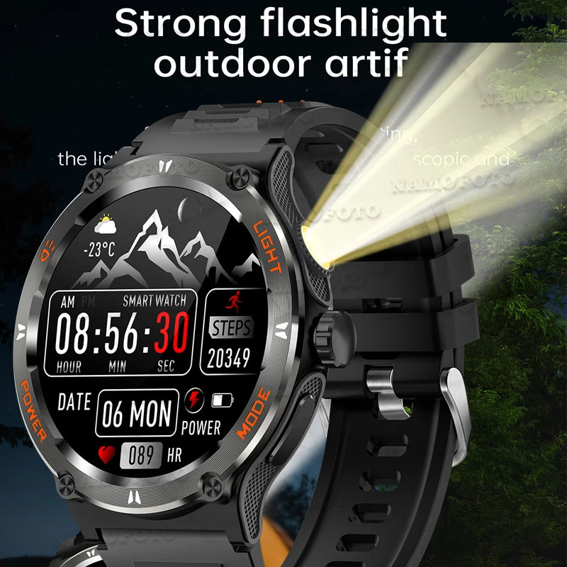 2024 New Strong Flashlight Smart Watch 3ATM Waterproof Clock Men Outdoor Sports SOS Wristwatch BP HR Bluetooth Call Smartwatch