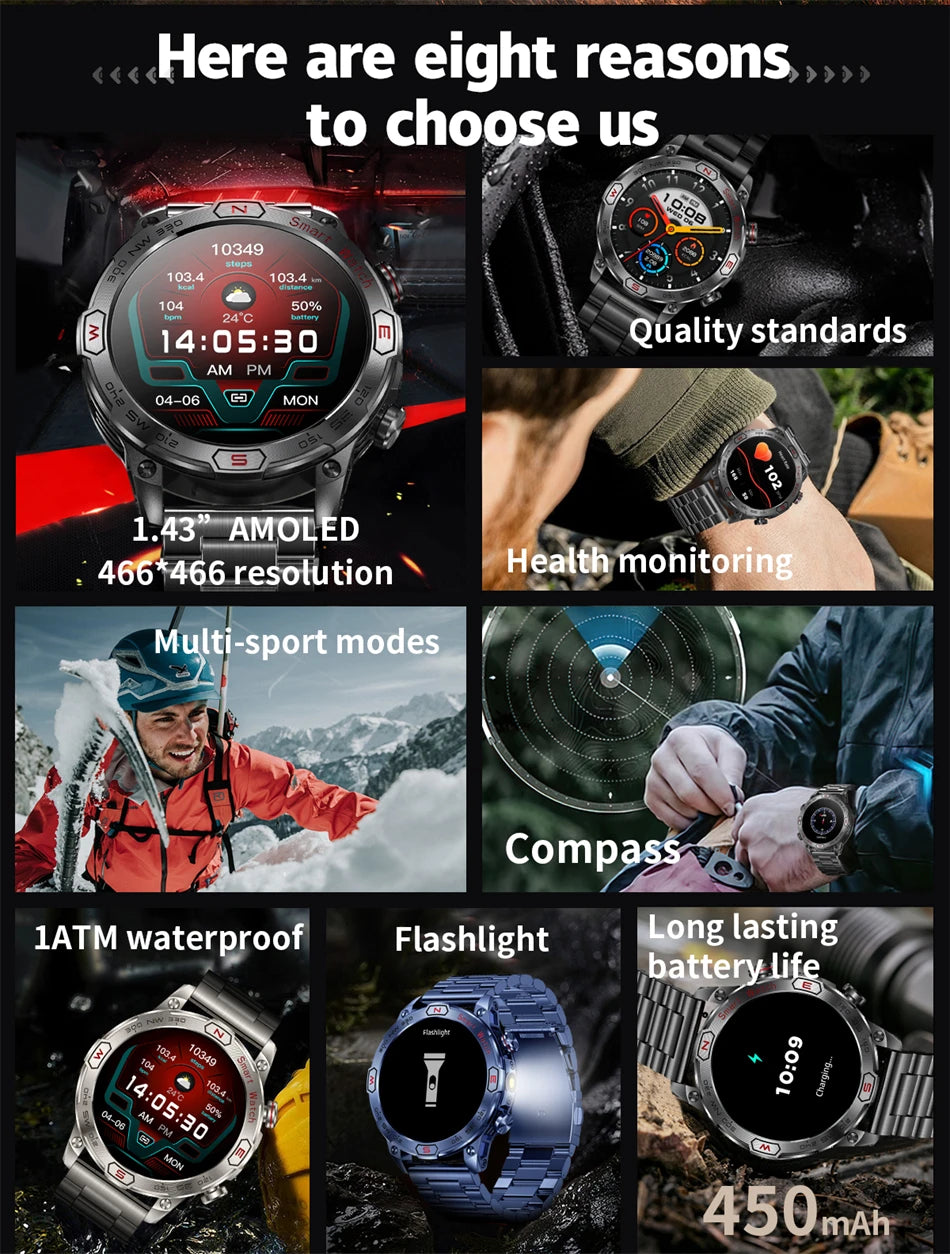 450MAh Battery Smartwatch Men Outdoor Compass Health Monitoring 1ATM Waterproof Bluetooth Call Military Smart Watch Men 2024 New