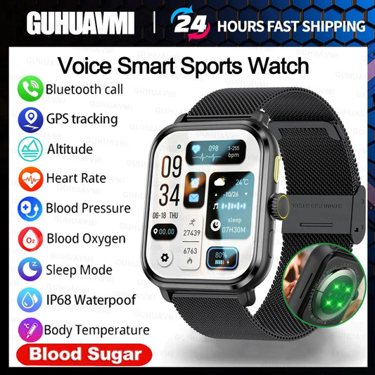 2024 GPS Blood Sugar Smart Watch Men Amoled Full Screen Touch Heart Rate Blood Oxygen Bluetooth Call Smartwatch For Android iOS