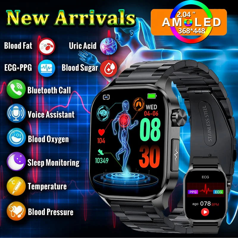 2024 New Ecg Smart Watch Men for Adroid Xiaomi Ios Watches 2.04'' AMOLED Medical Grade Fitness Tracker Bluetooth Call Smartwatch