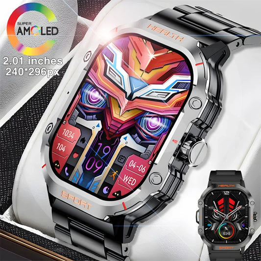 2024 New Men SmartWatch 100+ Sports Modes Bluetooth Call Smart Watch 2.01-inch AMOLED Display Waterproof Outdoor Military Watch