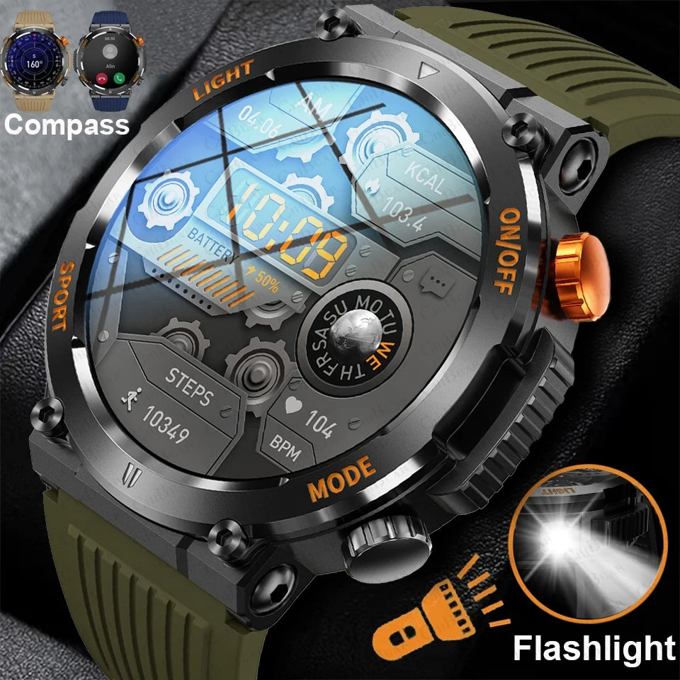 LED Flashlight Outdoor Sport Smartwatch Men Full Touch Screen Compass Waterproof Bluetooth Call Military SmartWatch Men 2024 New