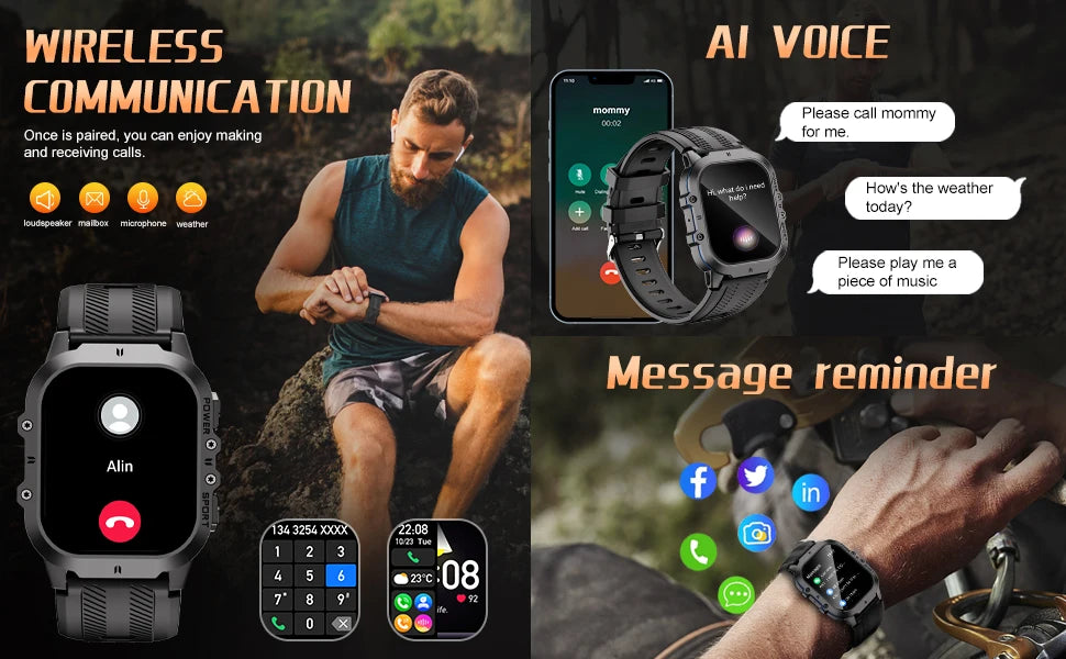 Relógio Inteligente, Bluetooth Chamada Smartwatch, Impermeável AO Ar Livre Relógio De Pulso Militar, 100 + Modos Esportivos,