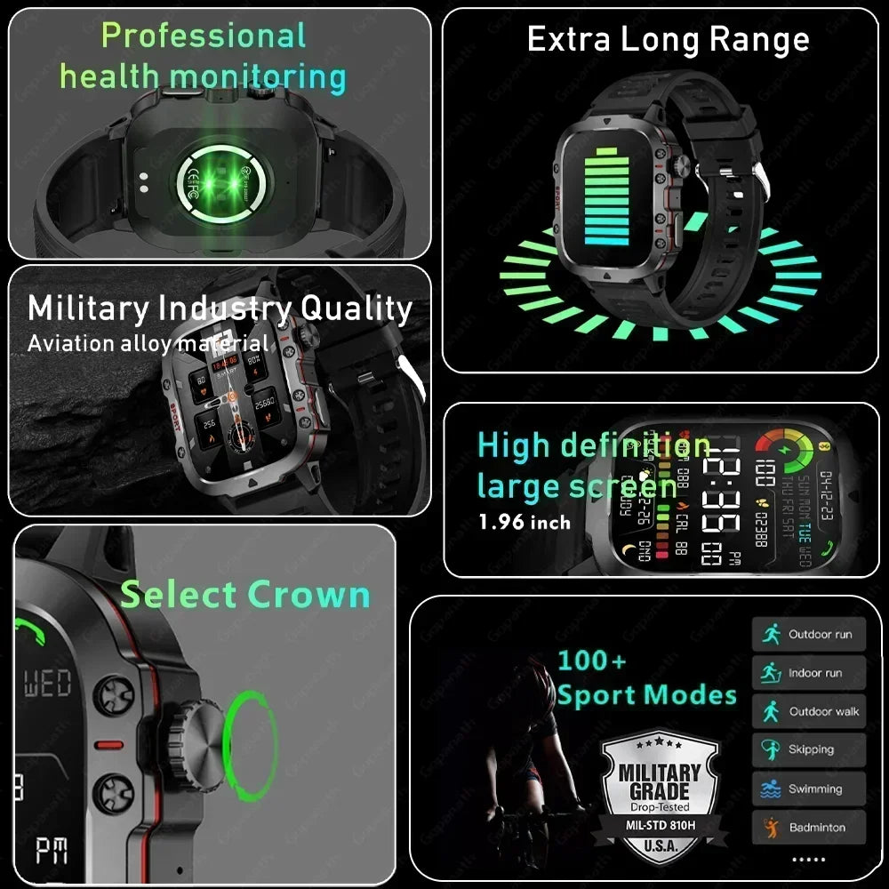 2024 New Men's Military Smart Watch 3TM Waterproof 2.01-inch Bluetooth Call AI Voice Women's Smartwatch Suitable for Android IOS