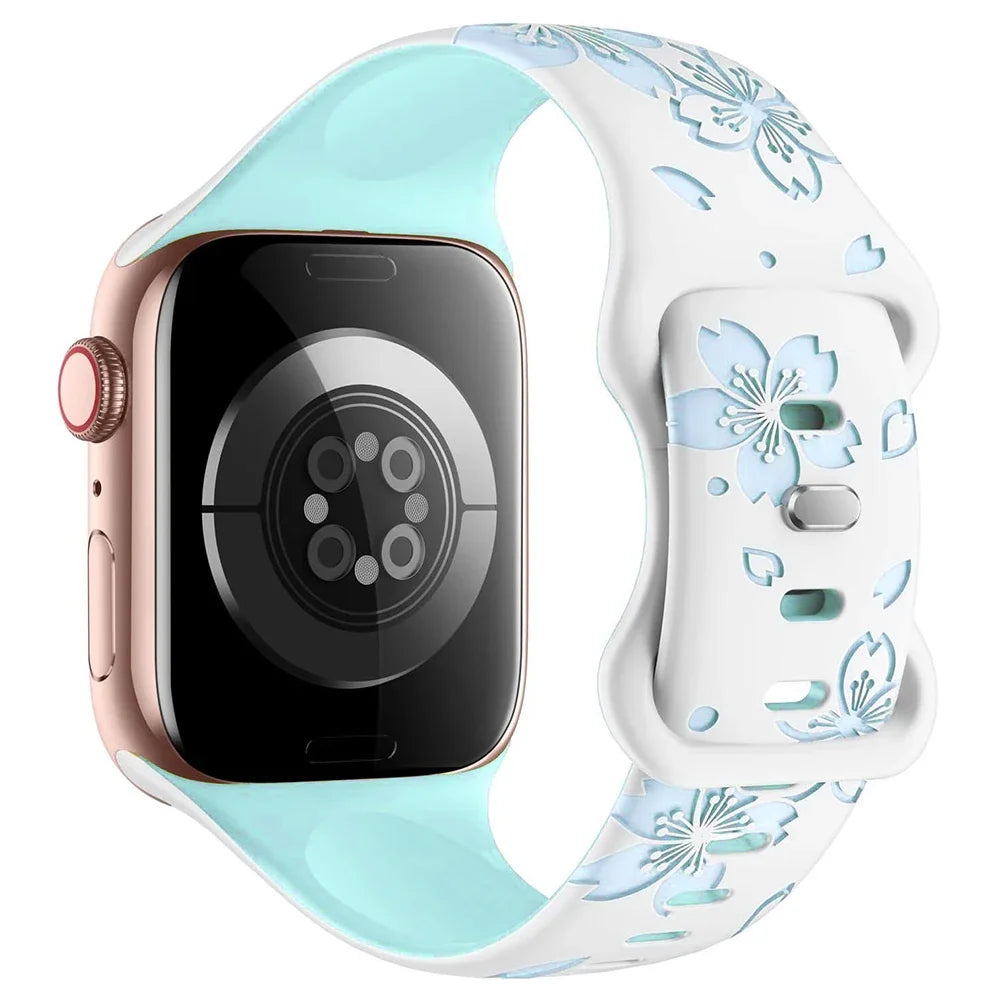 Silicone Band for Apple Watch Series 9 8 7 41mm 45mm Ultra 2 49mm Two-Tone Engraved Floral Strap for iWatch 6 5 4 Se 40 42 44 mm