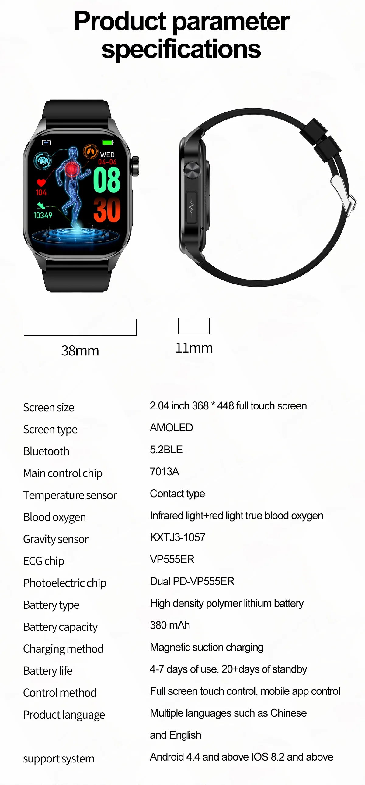 2024 New Ecg Smart Watch Men for Adroid Xiaomi Ios Watches 2.04'' AMOLED Medical Grade Fitness Tracker Bluetooth Call Smartwatch