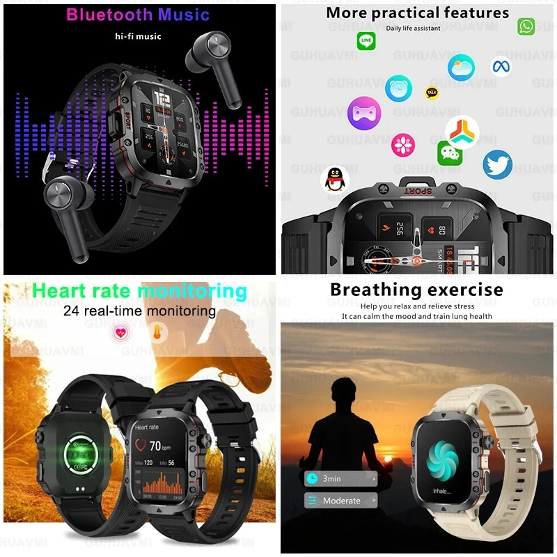 2024 New Rugged Military Black Smart Watch Men For Android Xiaomi Ios 3ATM Waterproof Sport Fitness Ai Voice Smartwatch Outdoor