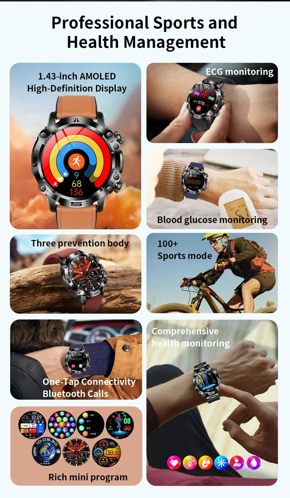 2024 Blood Sugar Smart Watch Men ECG PPG Body Temperature Health Tracker IP68 Waterproof Watches Men Bluetooth Call Smartwatch