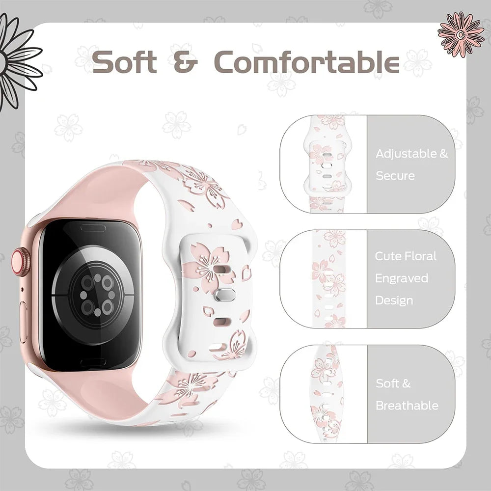 Silicone Band for Apple Watch Series 9 8 7 41mm 45mm Ultra 2 49mm Two-Tone Engraved Floral Strap for iWatch 6 5 4 Se 40 42 44 mm