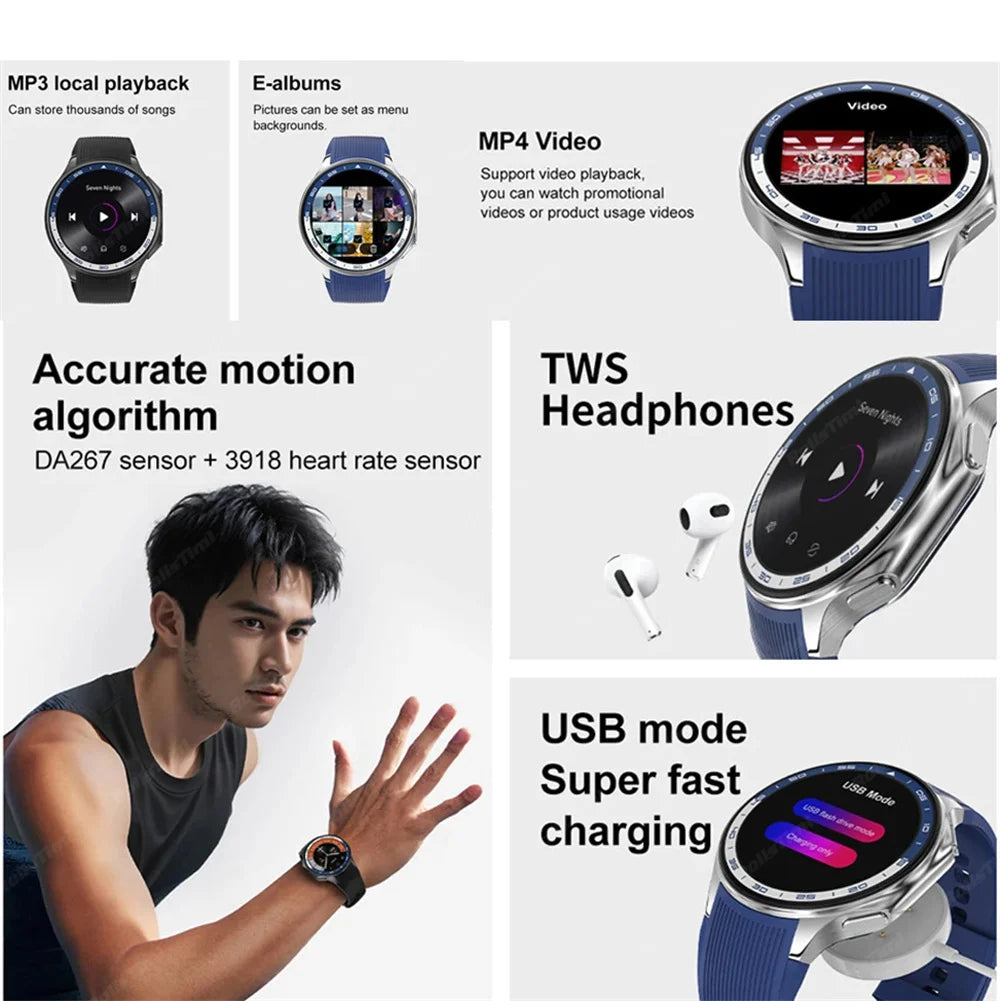 2024 New Smart Watch Men 4G Memory Music MP4 Video Bluetooth Call TWS Earphones IP68 Waterproof Smartwatch Men For OPPO Watch X