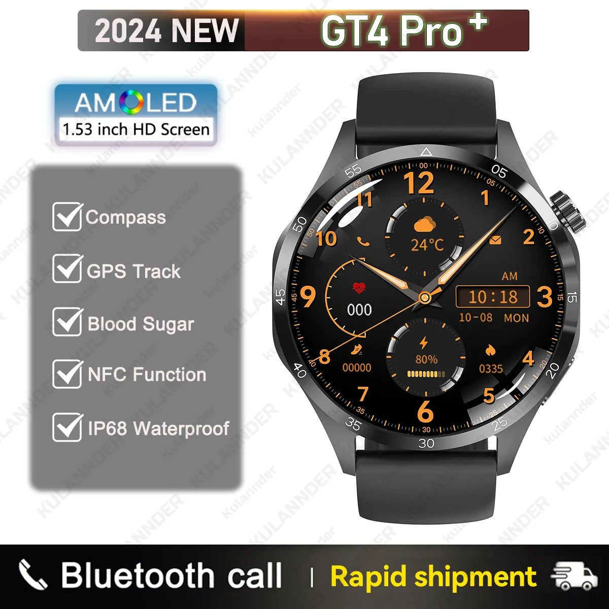 2024 Smart Watch Men GT4 PLUS NFC Bluetooth Call GPS Sport Waterproof Heart rate Blood Pressure Sport Smartwatch For Android ios