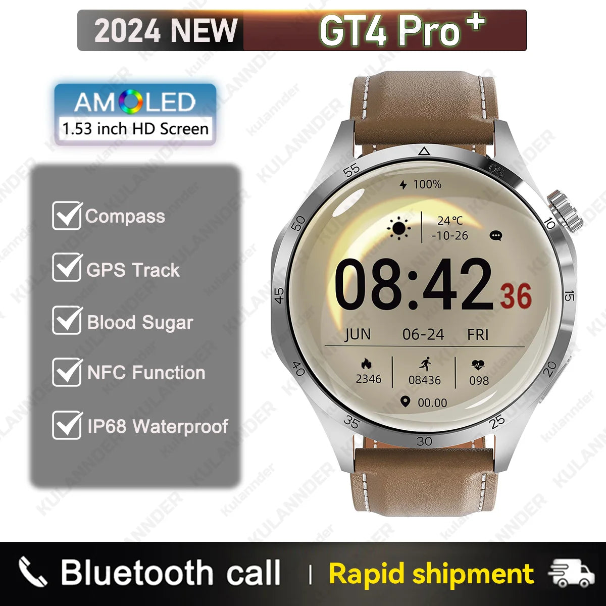 2024 GPS Smart Watch Men GT4 Pro 360*360 HD Screen Heart rate BT Call IP68 Waterproof NFC Blood Sugar Smartwatch For Android iOS