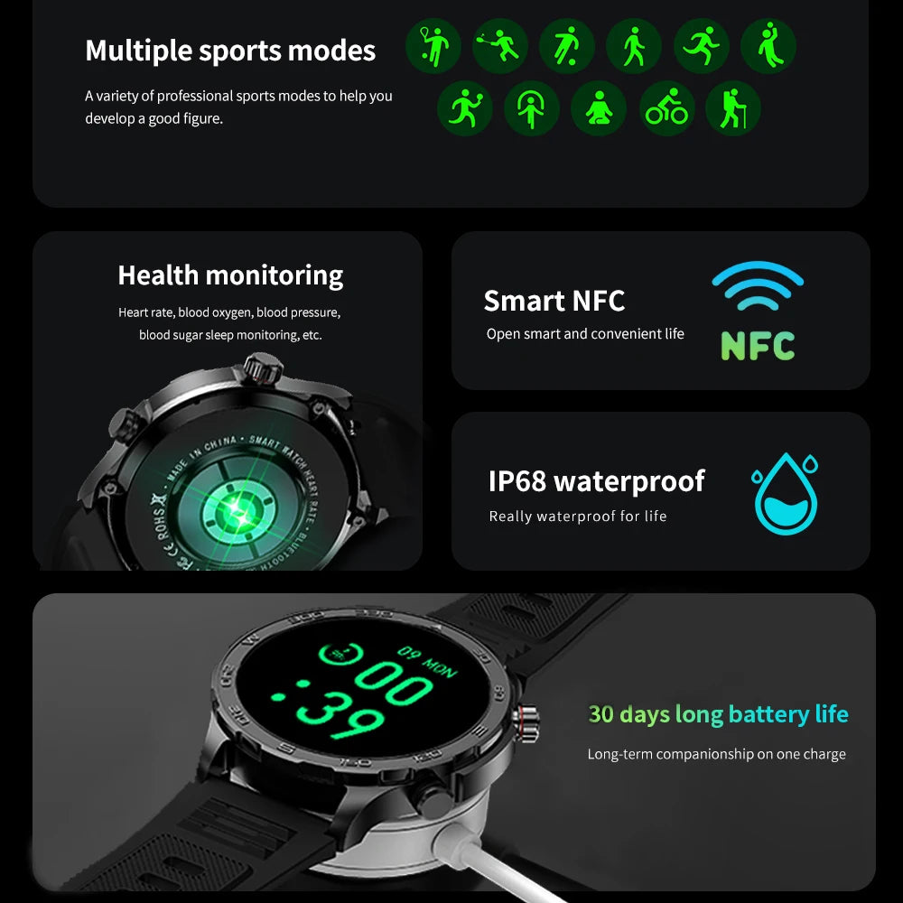 2024 New For Huawei Xiaomi GPS Sports Smartwatch Men NFC Compass Fitness Tracker IP68 Waterproof Bluetooth Call Smartwatch Man