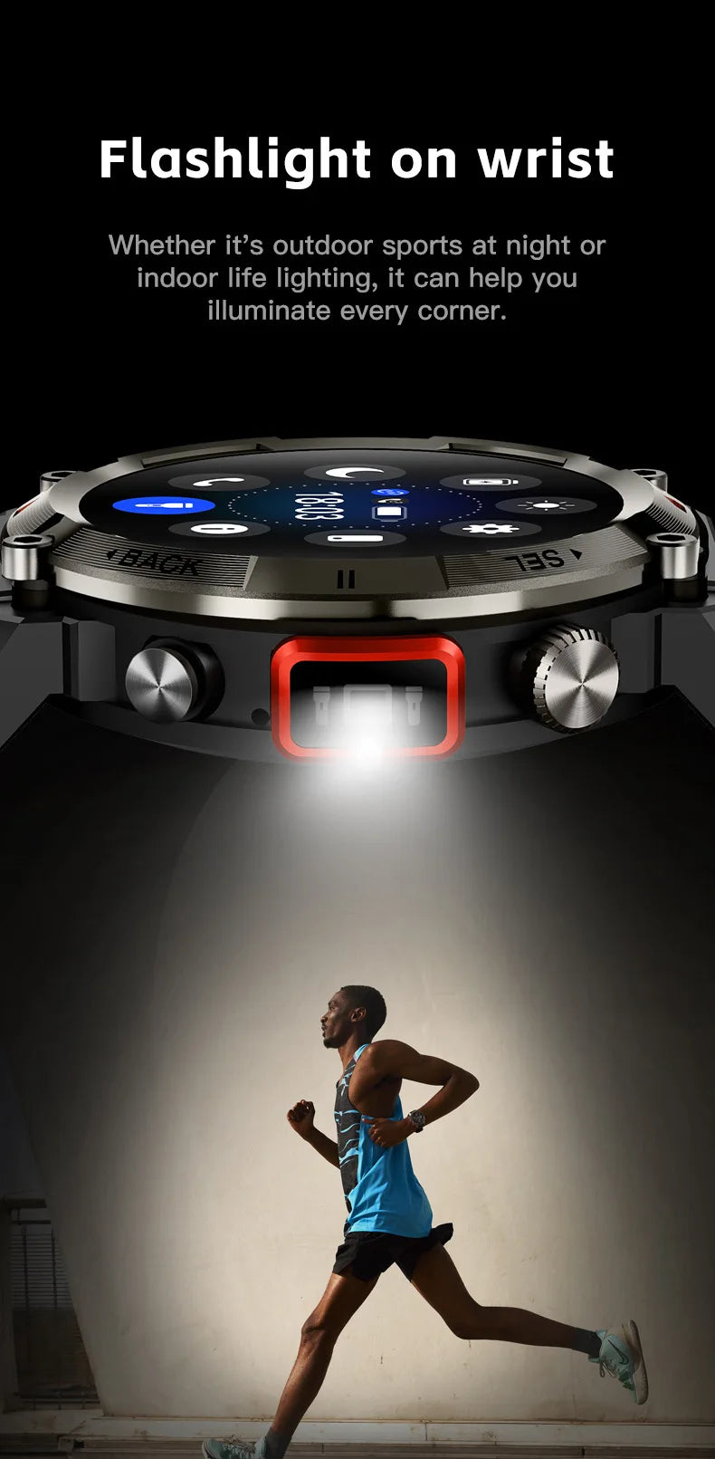 2024 New Smartwatch with Illuminated Flashlight Bluetooth Phone APP Download Waterproof Sports Watch for Men for Xiaomi Huawei