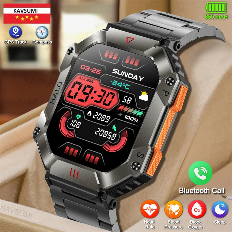 2024 New Durable Military Smart Watch Men Bluetooth Call Custom Dial IP67 Waterproof Compass Sports Smartwatch For Android Ios