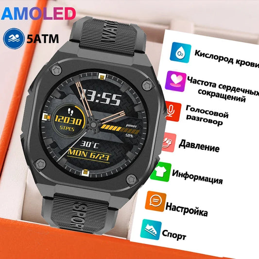 5ATM Waterproof Smartwatch AMOLED Screen for Men Women Smartwatch with Compass Sports Bracelet Young Health Fashion Clock 2024