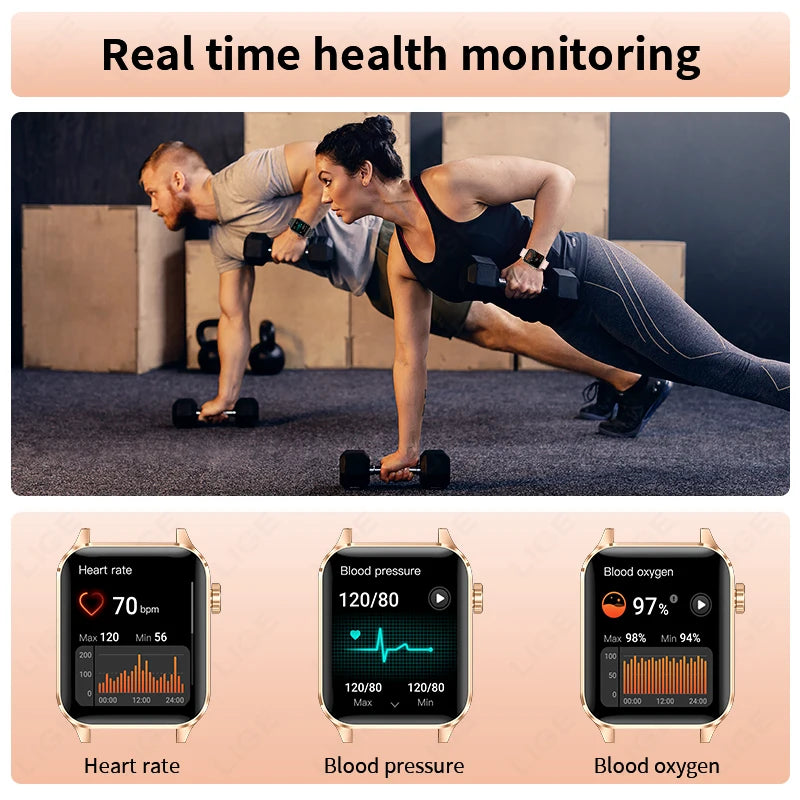 LIGE Smart Watch Women 1.85'' HD Screen Blood Pressure Oxygen Health Monitoring Bluetooth Call Waterproof Men's Smartwatch 2024