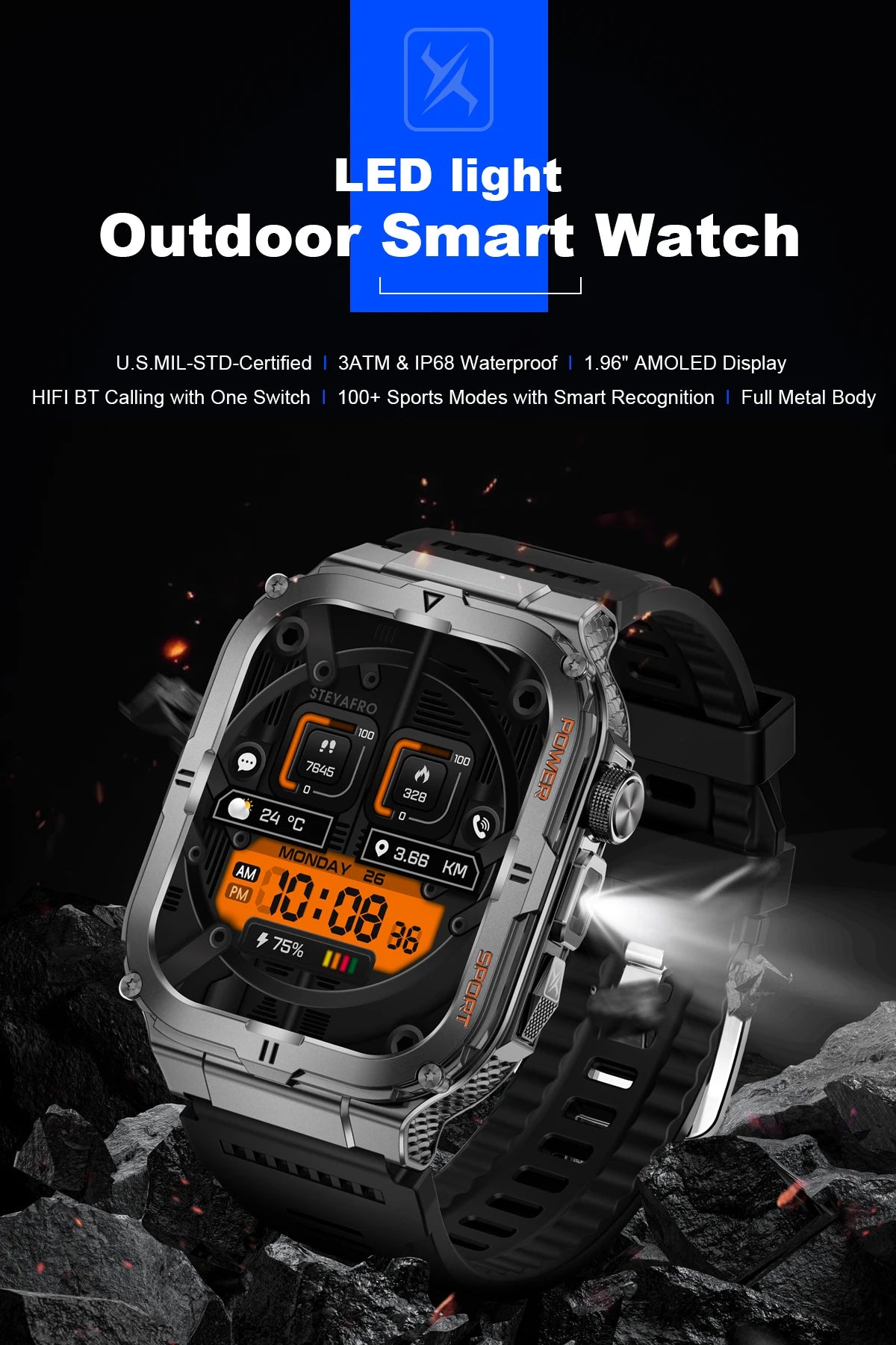 2024 New 1.95 Outdoor Military Man Smart Watch Men Bluetooth Call Smartwatch Men For Android IOS IP68 Waterproof Ftiness Watches