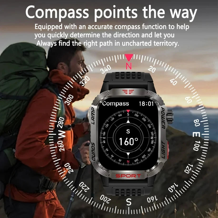 2024 Rugged Military Smart Watch Men Outdoor Watches lP68 Waterproof 2.01" Al Voice Bluetooth Call Smartwatch For Android lOS