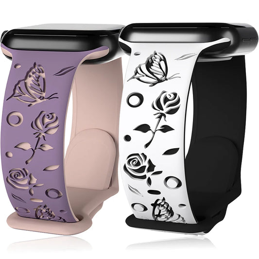 Silicone Strap for Apple Watch Ultra 2 Band 45mm 49mm 44mm 40mm 41mm 42mm Butterfly Engraved Bracelet for IWatch 9 8 7 6 SE 5 4