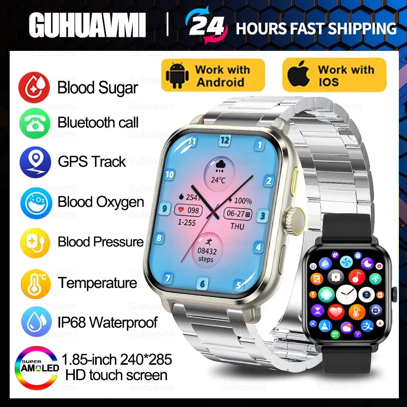 New GPS Sports Track Smartwatch Women Health Monitor Bracelet Blood Sugar Bluetooth Call IP68 Waterproof Smartwatch Men 2024