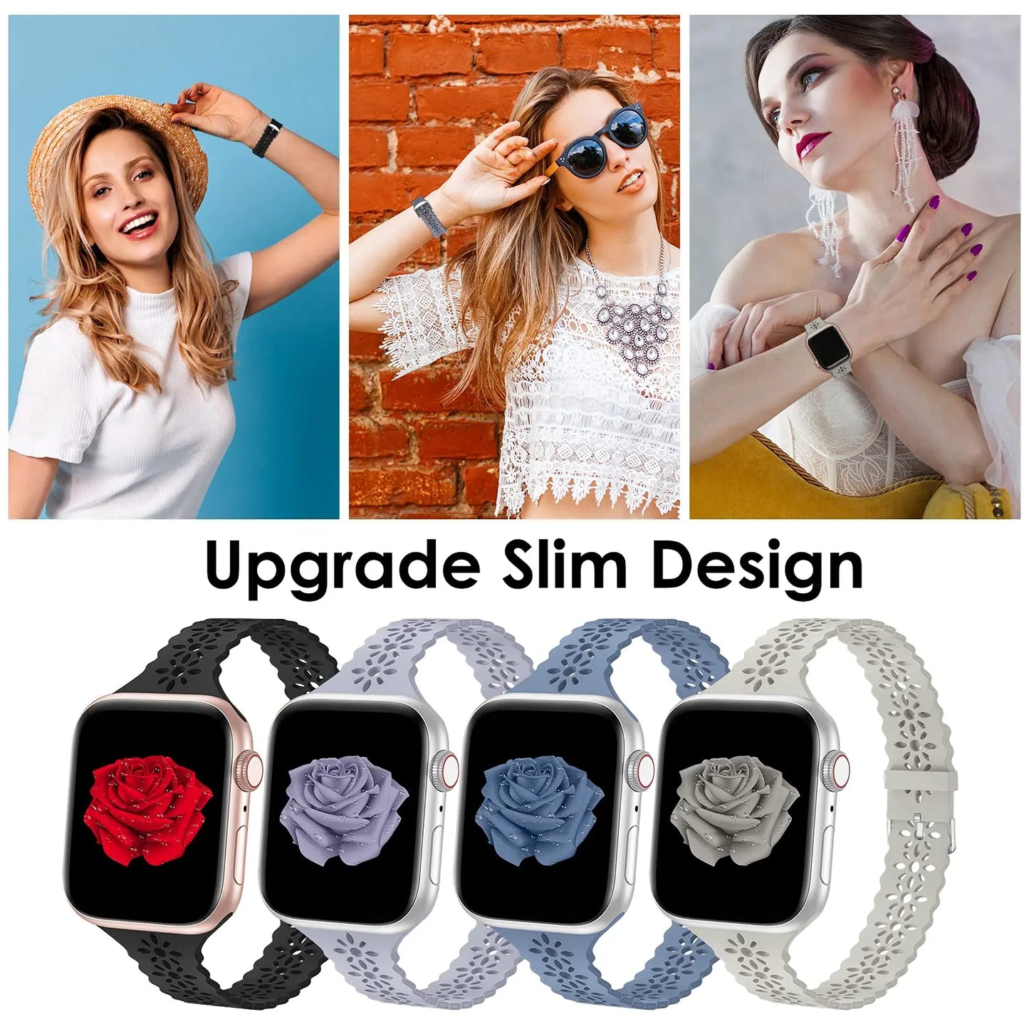 Lace Silicone Band for Apple Watch Band 40mm 44mm 41mm 45mm 49mm, Slim Hollow-out Strap for iWatch Ultra 2 Series 9 8 SE 7 6 5 4