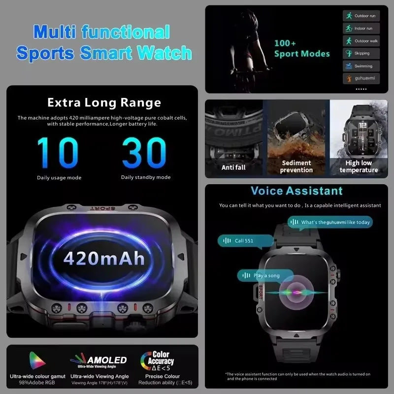 2024 New Rugged Military GPS Smart Watch Men AMOLED HD Screen Heart Rate Bluetooth Call 5ATM Waterproof Outdoor Sport SmartWatch