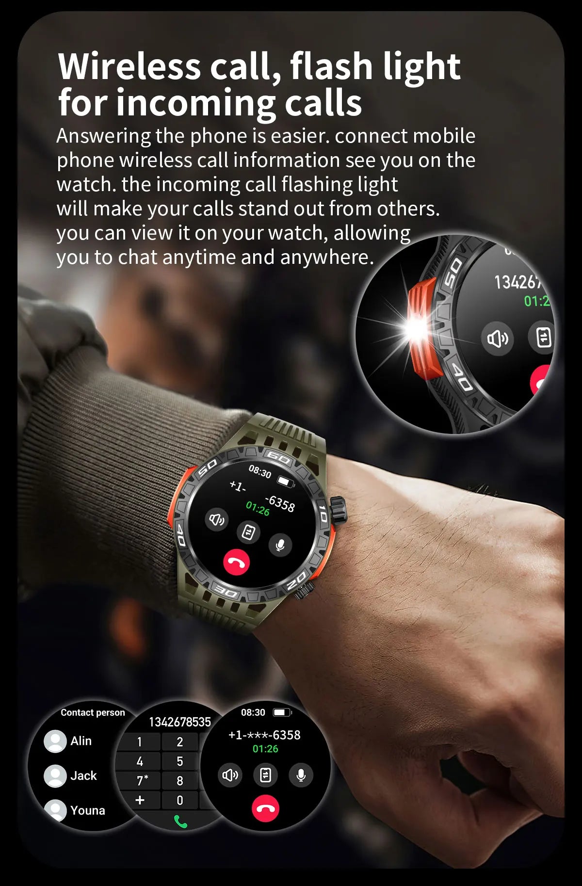 Connected Watch Man Smartwatch 2024 Men's Wristwatch Portable Flashlight 10 Meters Waterproof Compatible Long Battery Life