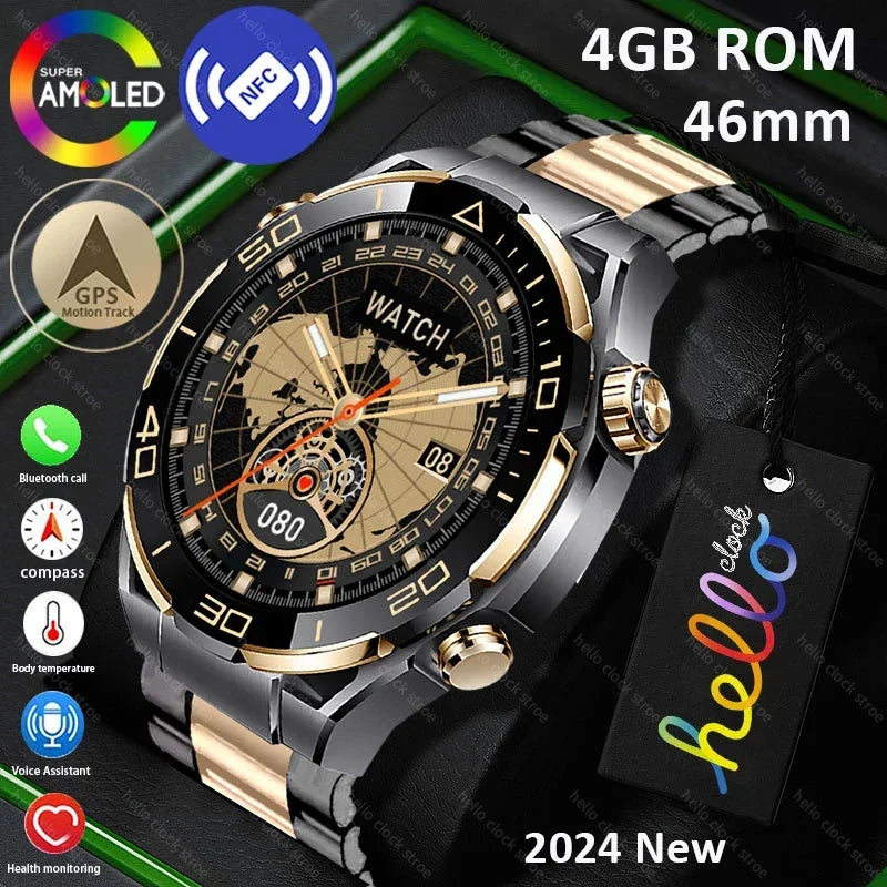 For Huawei Smartwatch 2024 4G ROM GPS Track Hello Clock NFC PPG Compass Bluetooth Call Music Smart Watch Men PK 3 plus GT4 Pro