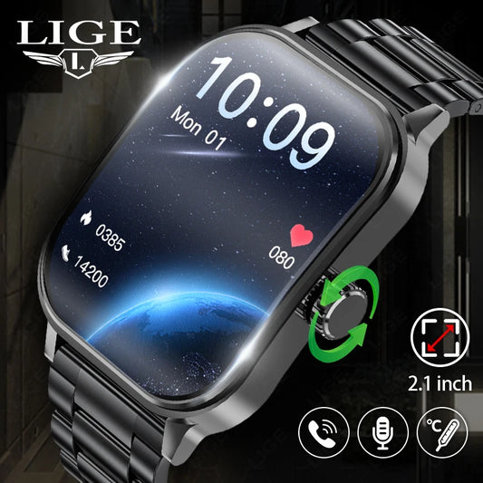 LIGE 3D Flexible Surface Men Smart Watch 2.1-inch HD Screen Bluetooth Call Watches Waterproof Sports Smartwatch For Man 2024 New