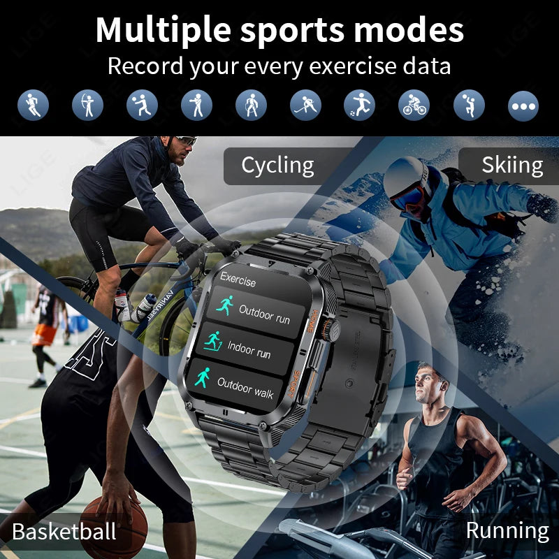 LIGE 2.01" Rugged Military Smart Watch Men For Xiaomi Android IOS Waterproof Sport Fitness Ai Voice New Smartwatch Outdoor 2024