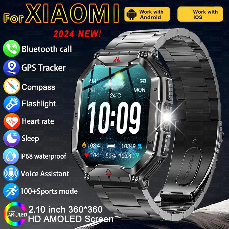 2024 New For Xiaomi Military Smart Watch Men 2.10-inch Bluetooth Call GPS Compass IP68 Outdoor Sports Fitness Tracker Smartwatch