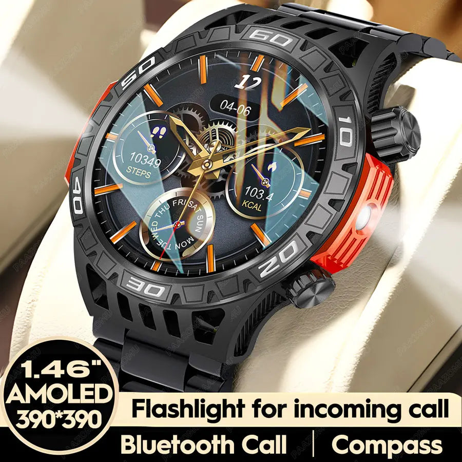 2024 Smart Watch Men LED Flashlight Compass 450mah large battery 100+ Sport Fitness Track 1.46” Screen Bluetooth Call Smartwatch