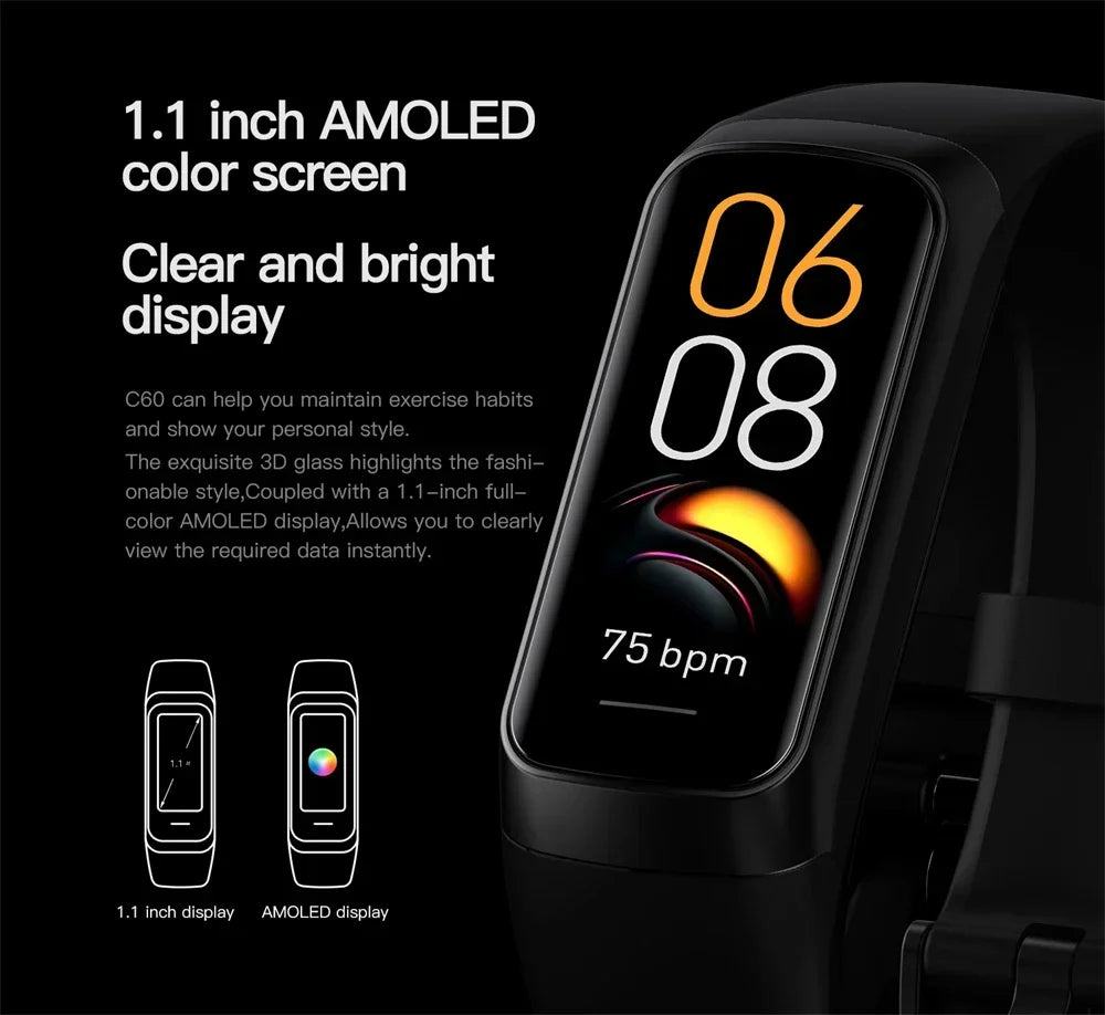 2024 Smart Watch Men Women Smart Bracelet Wristband 1.1 Inch Amoled Heart Rate Waterproof Body Temperature Fitness Tracker Band