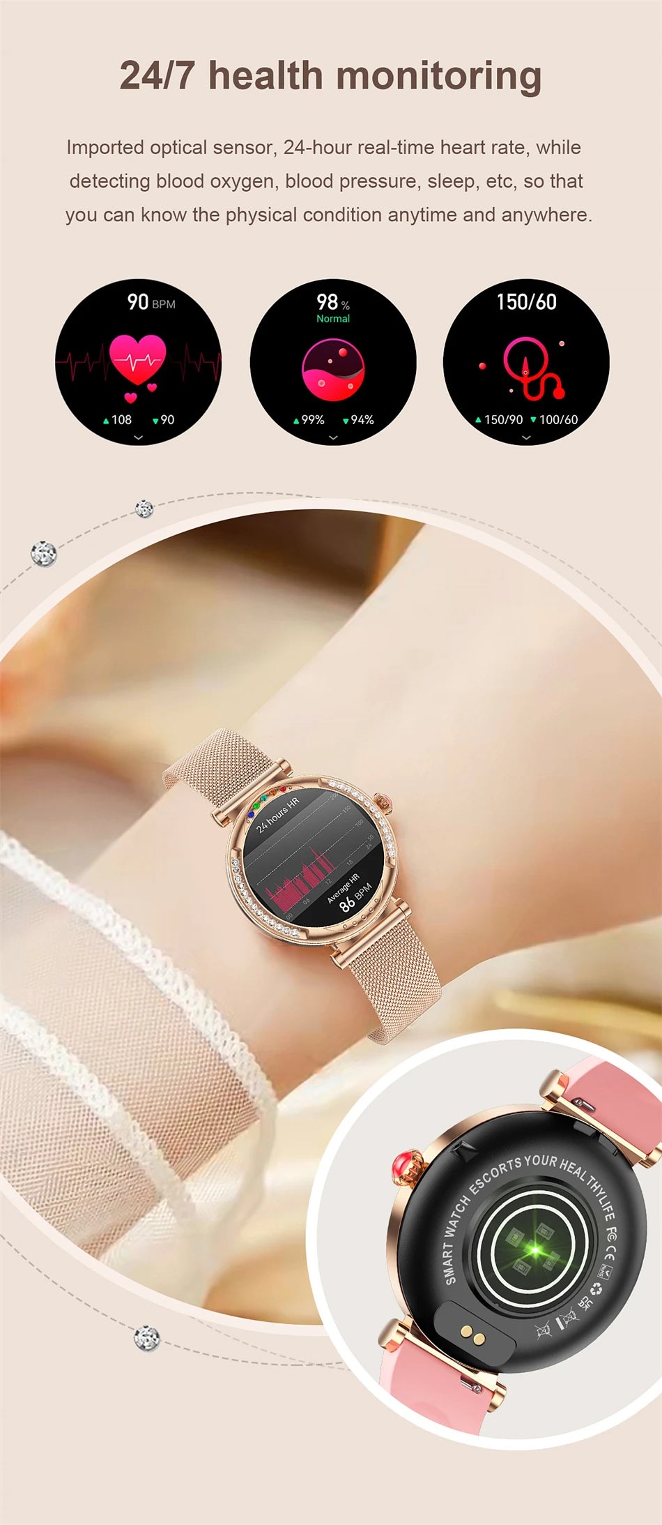 For Android Xiaomi Smart Watch Women Heart Rate Sports Fashion Ladies Bracelet Bluetooth Call Waterproof Smart Watch 2024 New