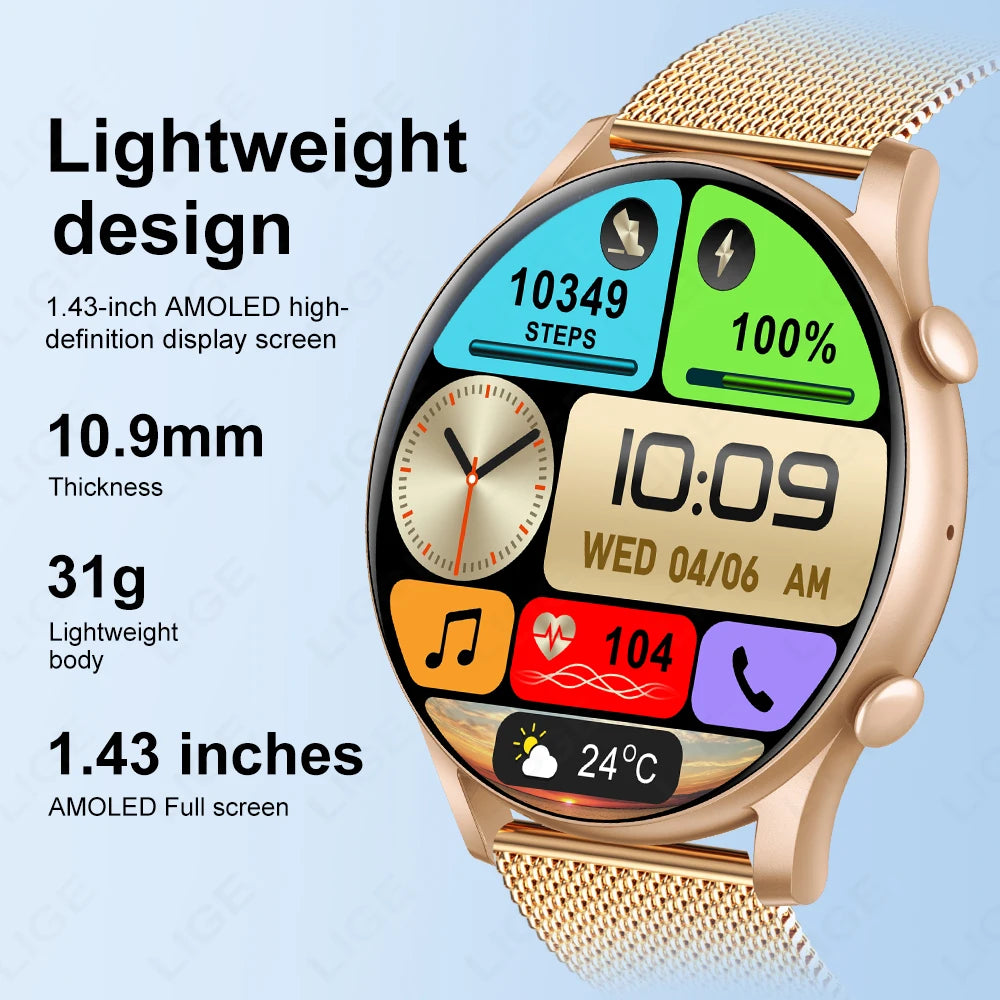 LIGE 2024 Bluetooth Call Smartwatch 1.43'' AMOLED HD Screen Smart Watch for Women Ladies Wristwatch Men Smart Watches, Free Ship