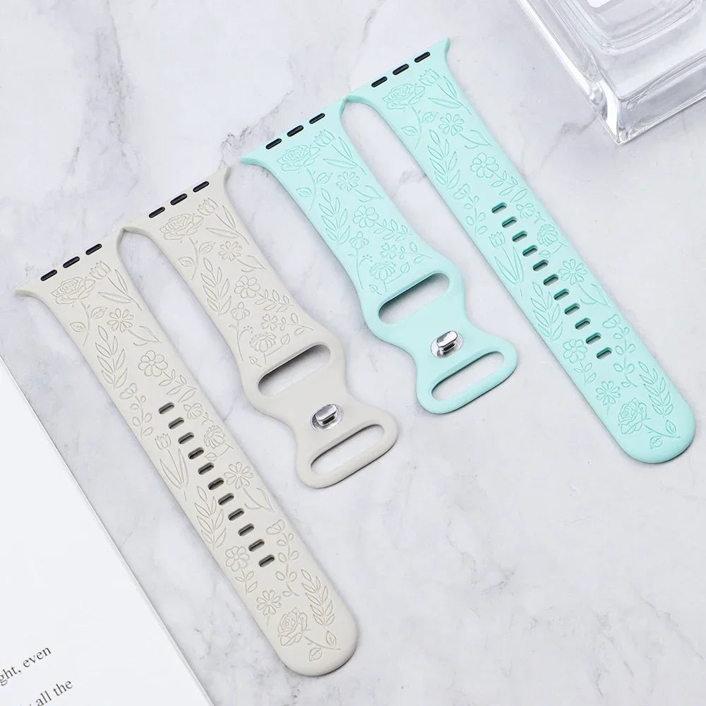 Fashion Engraved Strap for Apple Watch Ultra 2 Band 49mm 45mm 44mm 40 41mm Floral Silicone Bracelet IWatch Series 9/8/7/6/5/4/se