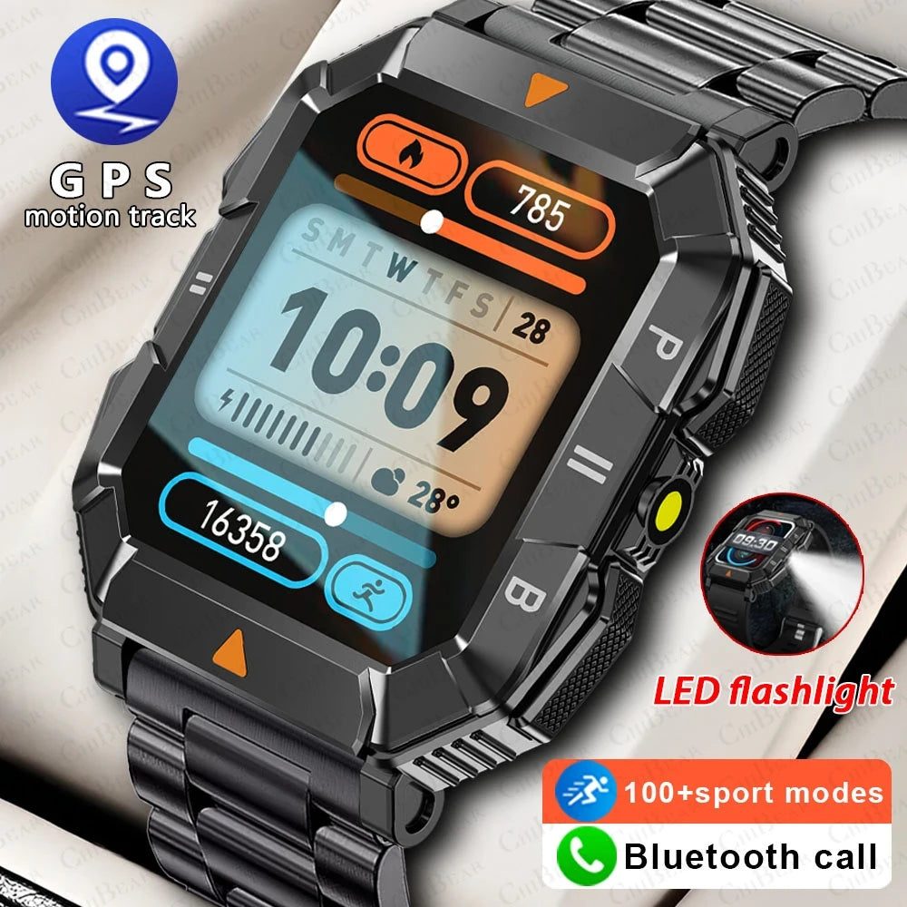 Outdoor Military LED Flashlight Smartwatch Men Sport Mode Health Monitoring Watch Waterproof Bluetooth Call Smart Watch 2024 New