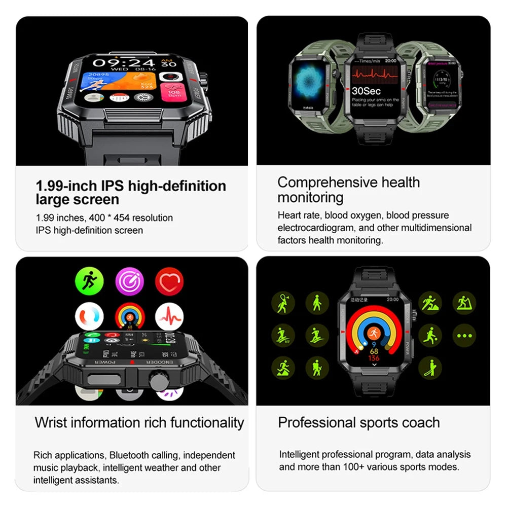 2024 New Outdoor Military Smart Watch Men Sports Fitness Tracker 1.99 inch Bluetooth Call Waterproof SmartWatch For Android IOS