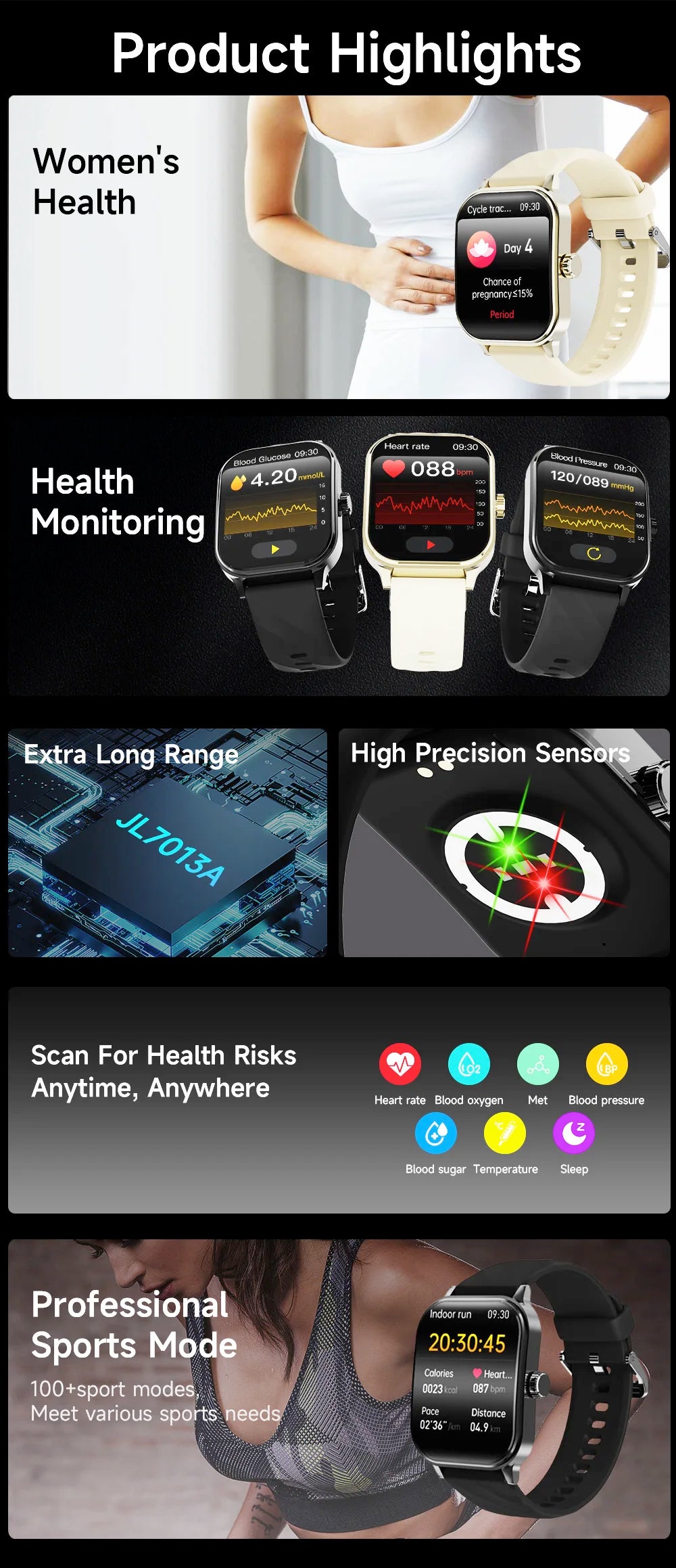 2.1" Men Blue Tooth Call Heart Rate Blood Sugar Temperature Health Smart Watch Sports Fitness Waterproof Women 2024 Smartwatch