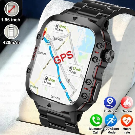 2024 New GPS Track Smart Watch Men 1.96 Inch HD AMOLED Screen Bluetooth Call Voice Assistant Sport Fitness Waterproof Smartwatch