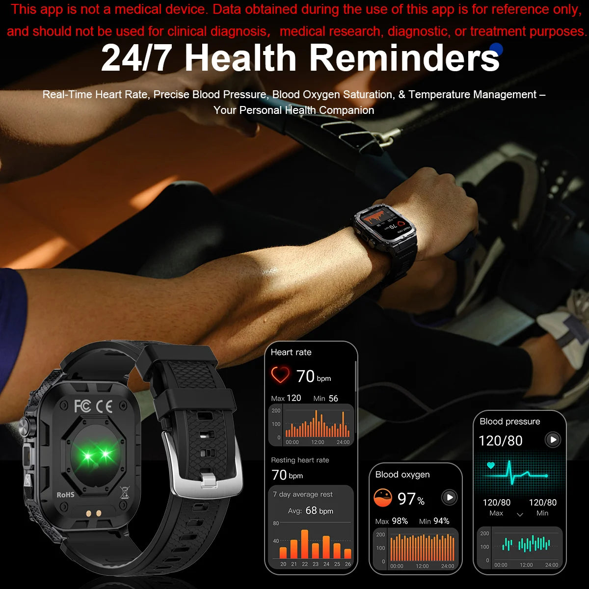 New Rugged Military Black Smartwatch For Men With Flashlight 3ATM Waterproof Sports Fitness Ai Voice Smartwatch Outdoor 2024 New