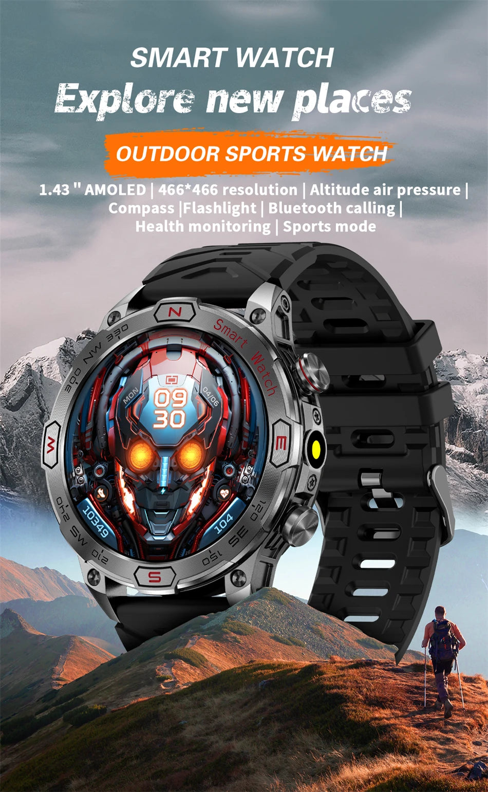 Compass Outdoor Sports SmartWatch Men 450mAh Battery 1ATM Waterproof Bluetooth Call Military Sports Fitness Smart Watch 2024 New