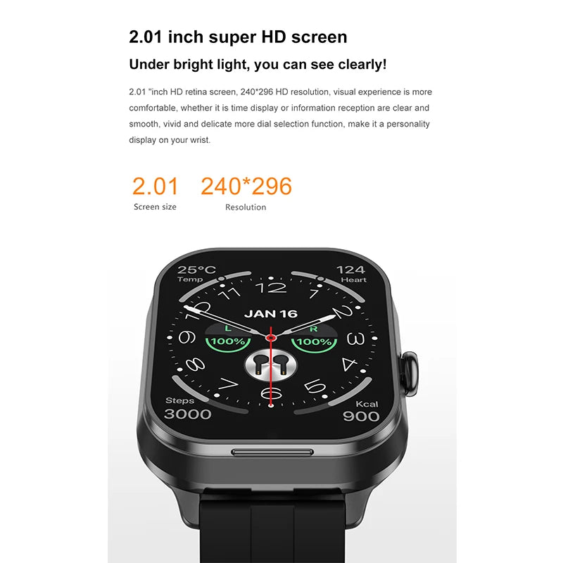 D8 Pro TWS Smart Watch 2.01 Inch NFC Women Earphone 240*296 HD Screen Men Smartwatch Wireless Charging Bluetooth Call 2024