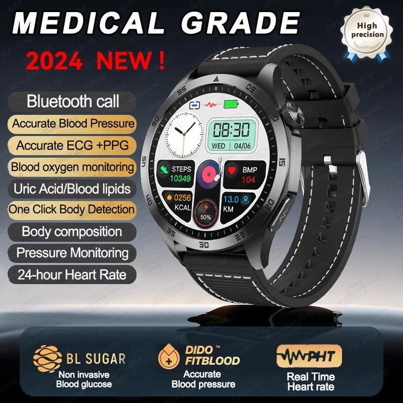 2024 New Blood Lipids Uric Acid Blood Glucose Smart Watch HD AMOLED Screen Men ECG+PPG Bluetooth Call Health tracker Smartwatchs