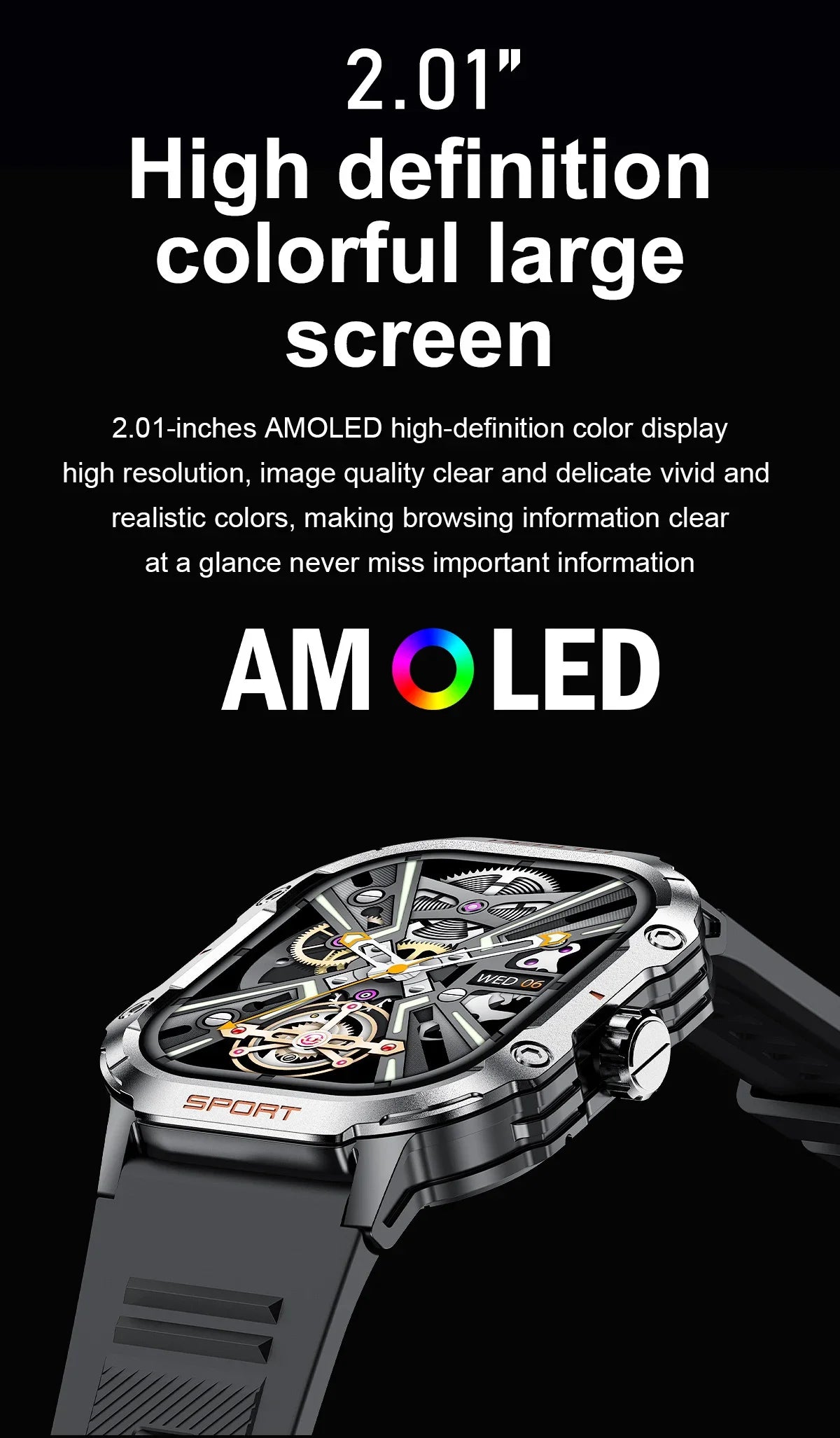 2024 New Men SmartWatch 100+ Sports Modes Bluetooth Call Smart Watch 2.01-inch AMOLED Display Waterproof Outdoor Military Watch