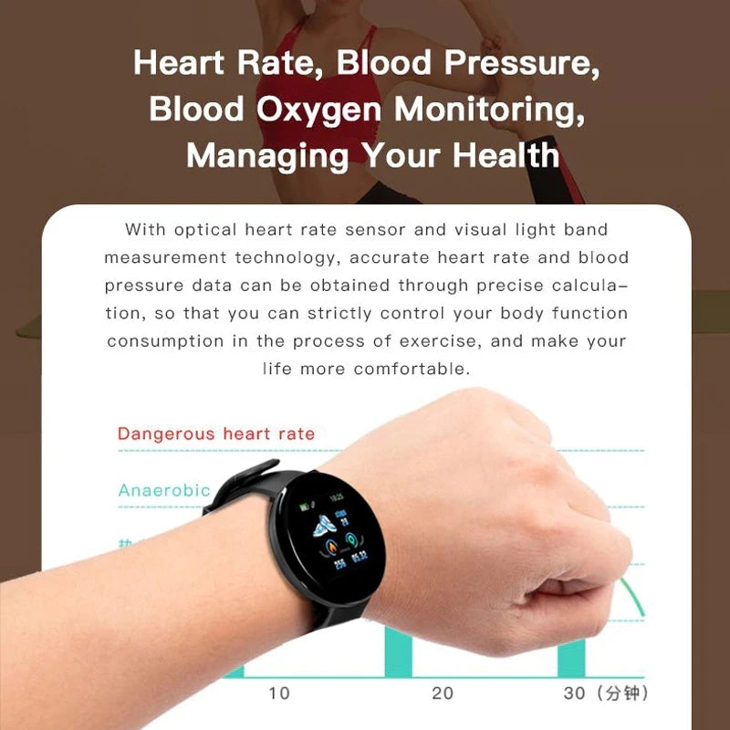 D18 Round Bluetooth Smart Watch Men Women Blood Pressure Heart Rate Monitor Waterproof Sport Fitness Tracker Smartwatch 2024