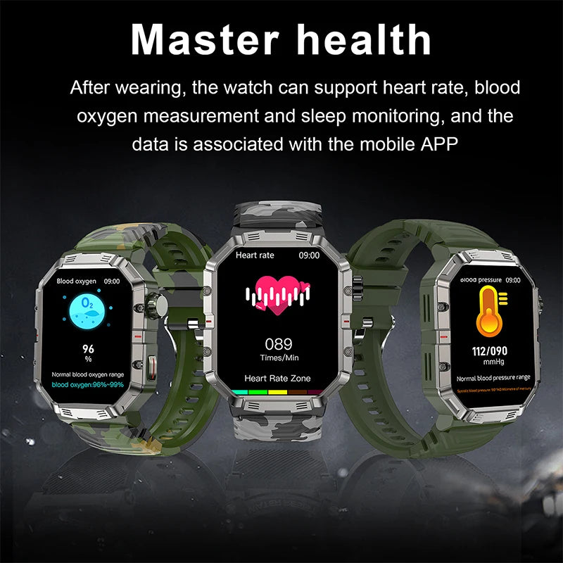 2024 New Military Smart Watch Men IP68 2.01 Inch Screen Outdoor Sports Fitness Tracker Health Monitor Bluetooth Call Smartwatch