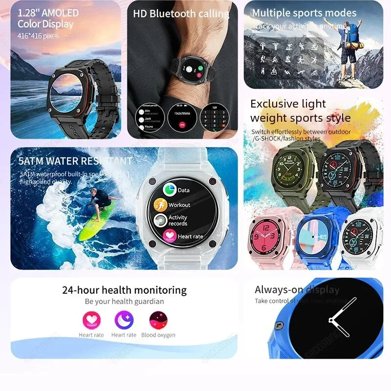 AMOLED Screen Smartwatch for Men and Women Always Displays Sports Smartwatch Heart Rate Fitness Wristband 2024 5ATM Waterproof