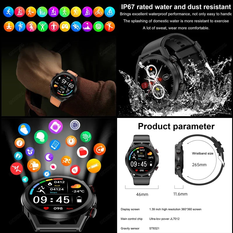 2024 New Uric Acid Non invasive Blood Glucose Smart Watch Mens Bluetooth Call Blood Lipid Blood Oxygen Blood Pressure Smartwatch